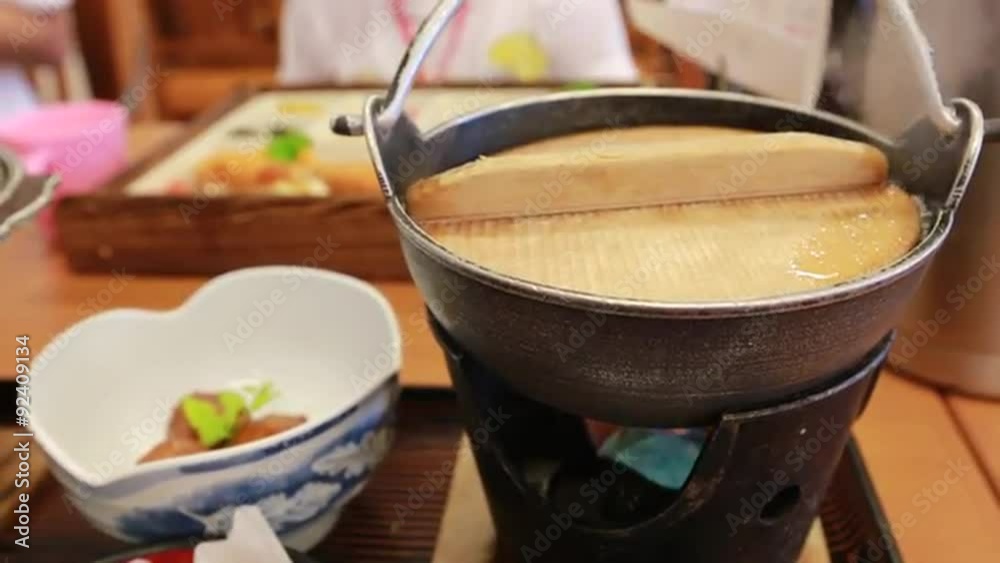 Boiling of Sukiyaki lunch set, Japanese stew, the most expensive beef in hot pot