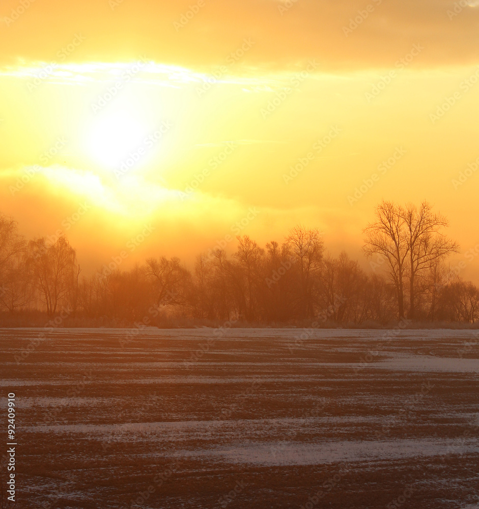 Obraz premium Fantastic evening winter landscape, the sun breaks through the clouds