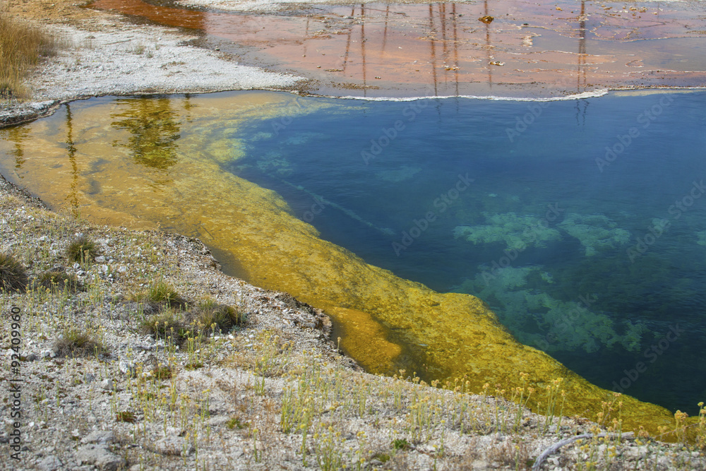Blue, yellow and orange water of hot springs, Yellowstone, Wyomi Blue, yellow and orange water of hot springs, Yellowstone, Wyomi