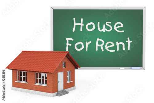 3d House with House For Rent Sign Blackboard