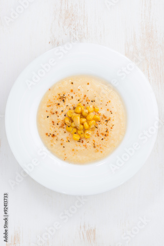 delicious corn soup, top view, vertical