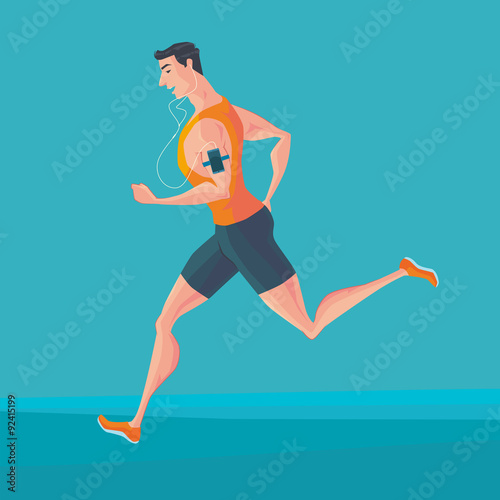 Sporty young man jogger listening to music on smartphone. Runner with smartphone armband. Vector Illustrator.