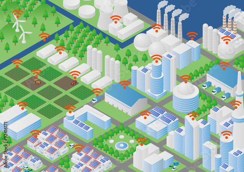 agriculture with IoT(Internet of Things), sensor network, landscape illustration