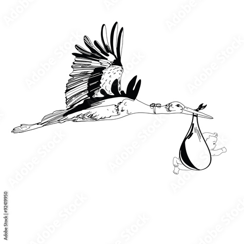 Illustration of stork with baby