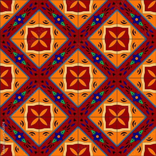 Mexican stylized talavera tiles seamless pattern in red and