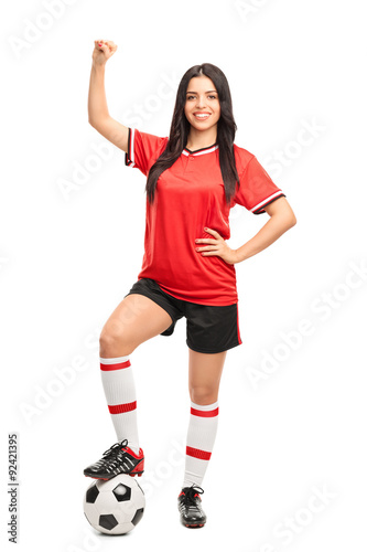 Female soccer player gesturing happiness