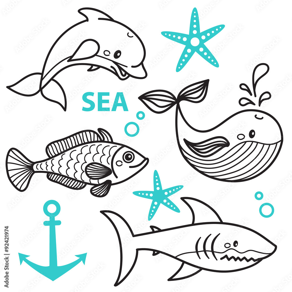 Obraz premium vector hand draw cattoon whale, fish, dolphin, star and shark. Vector illustration