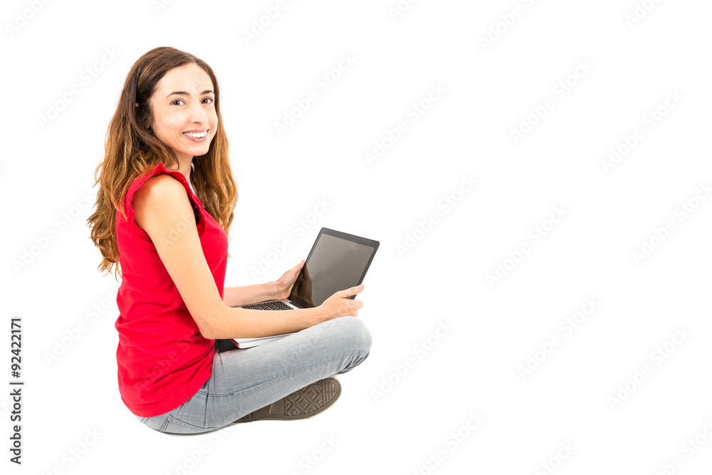 Naklejka premium Beautiful woman with a laptop
