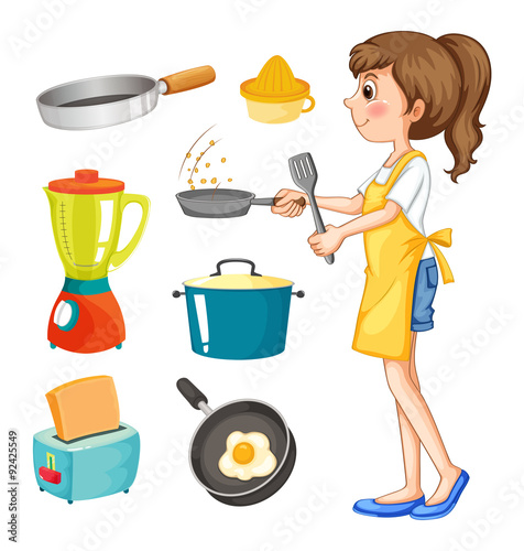 Woman cooking and other kitchen objects