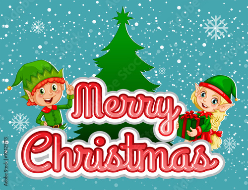 Merry Christmas poster with elf and present
