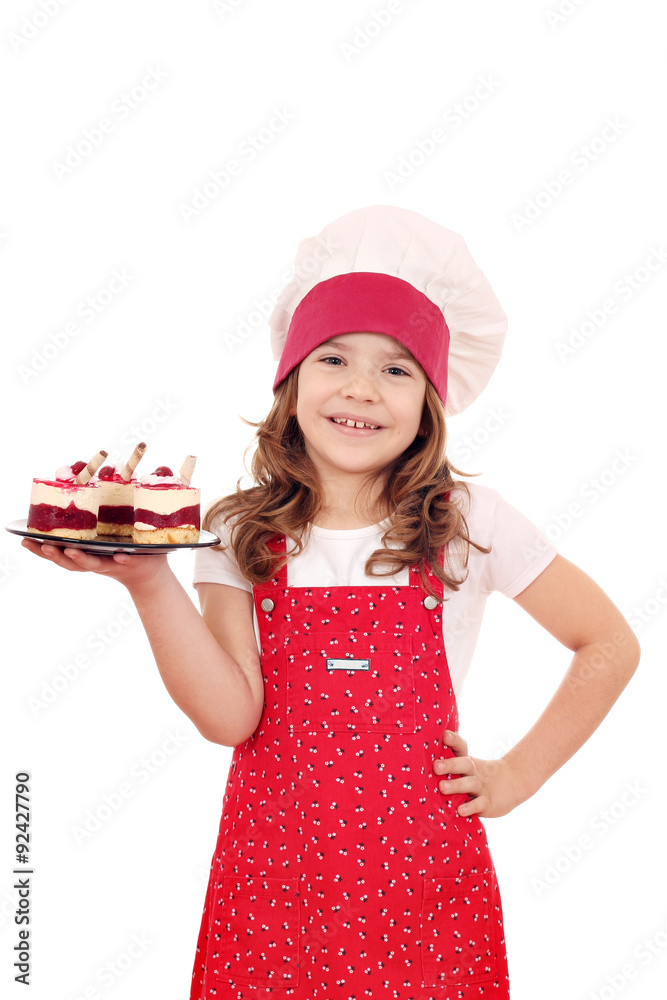 happy little girl cook with raspberry cake on plate happy little girl cook with raspberry cake on plate