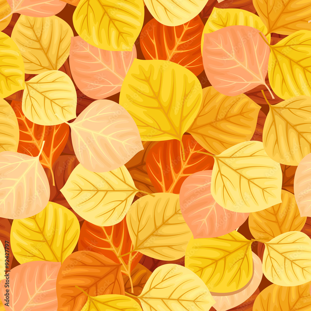 Vector seamless pattern with autumn aspen colorful leaves.