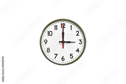 Green wall clock.Three o'clock
