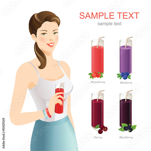Cute brunette woman hold glass of juice in her hand. Smiling girl in t-shirt and blue skirt