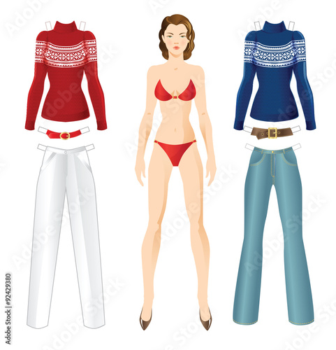 Doll with clothes. Body template. Set of template paper clothes for everyday. Pullover with norwegian pattern. 