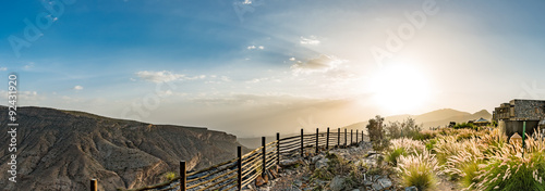 Panoramic view of Jabal Akhdar at sunset in the Al Hajar Mountains, Oman. photo