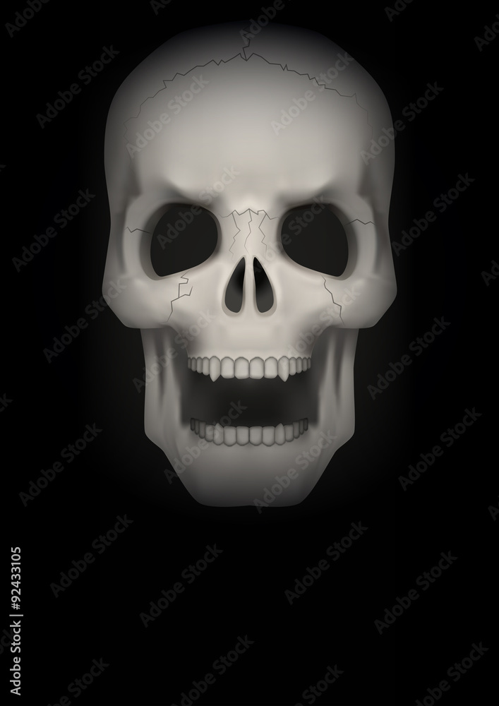 Dark Background of Human skull with open mouth.