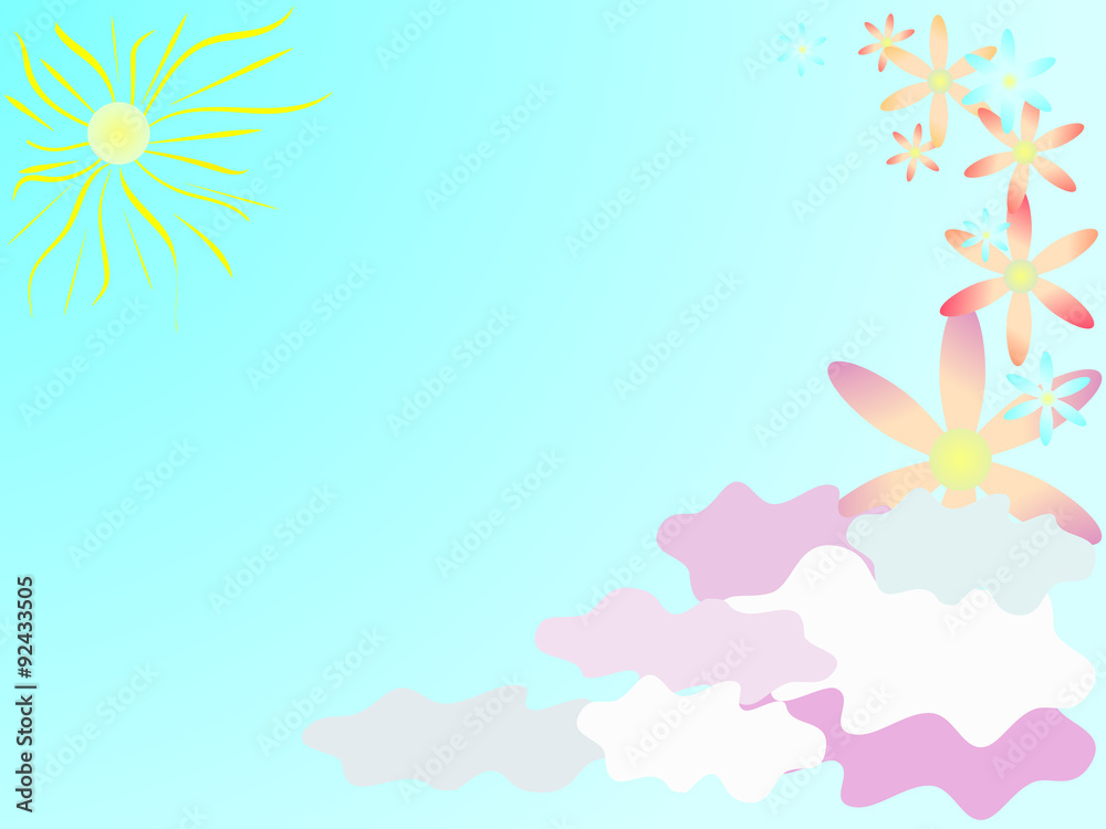 Bright background with sun, clouds and flowers Bright background with sun, clouds and flowers