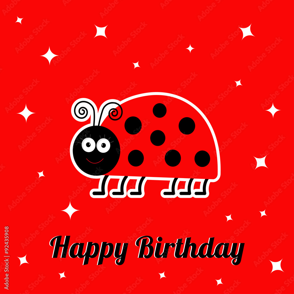 Obraz Happy Birthday card with cute lady bug ladybird insect. Baby background Sparkles Flat design