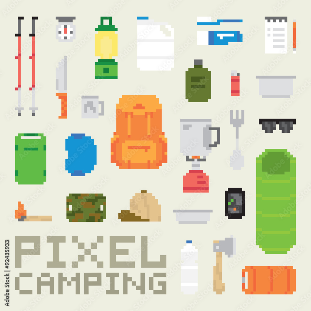 Pixel art camping goods isolated vector objects Pixel art camping goods isolated vector objects