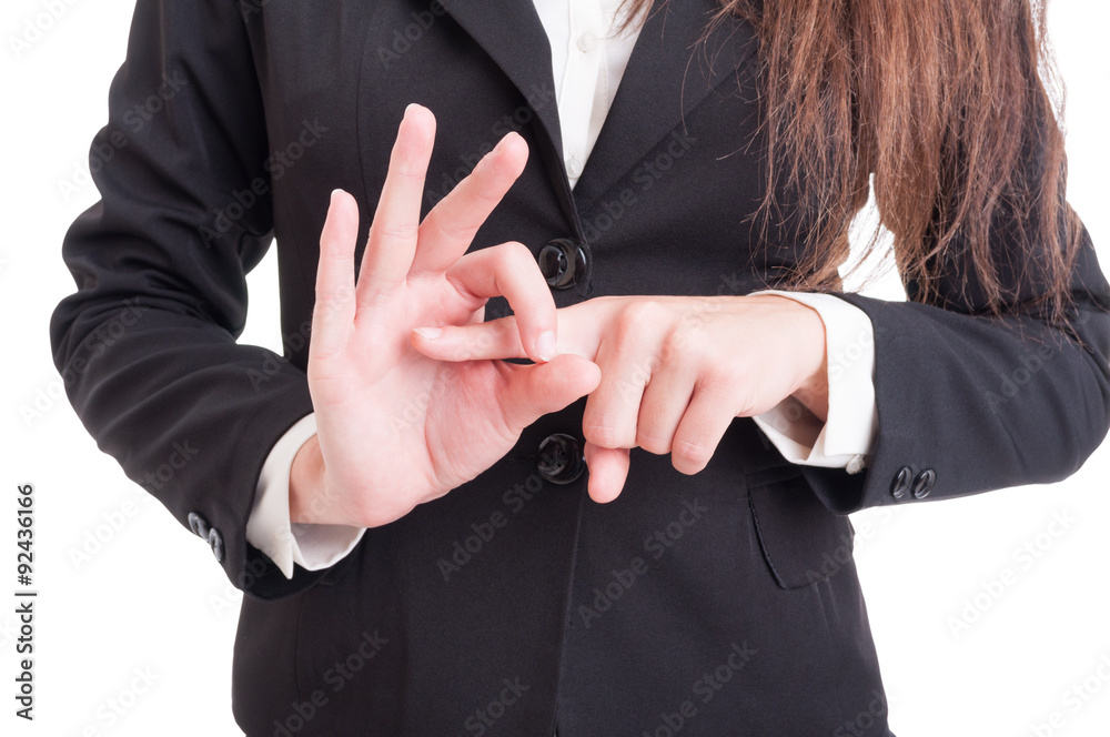 Business woman hand making index finger in hole sexual gesture