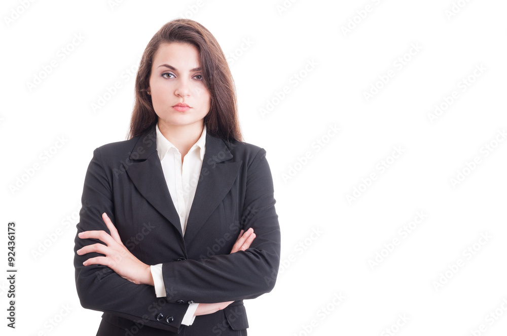 Confident business woman with arms crossed on white copy space Confident business woman with arms crossed on white copy space
