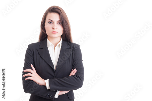 Confident business woman with arms crossed on white copy space