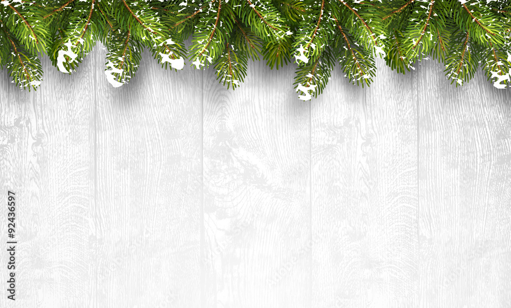 Christmas wooden background with fir branches - obrazy, fototapety, plakaty 