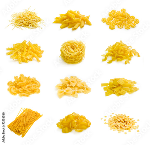 Big collection of italian pasta on white