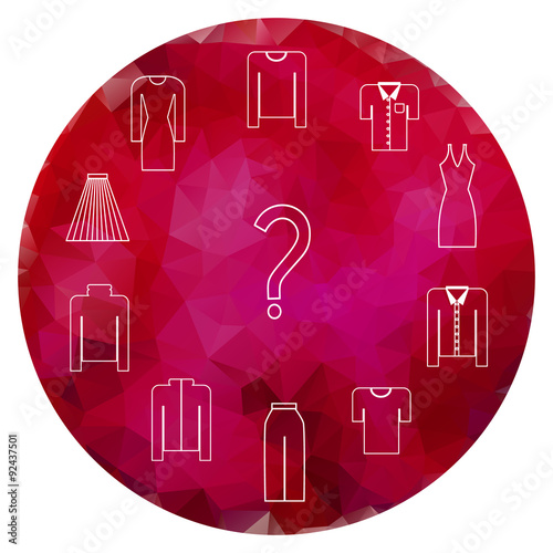 Clothes icons set on garnet circle gem background. Vector illustration useful for labels, tags, sale announcement, stickers, emblems, badges