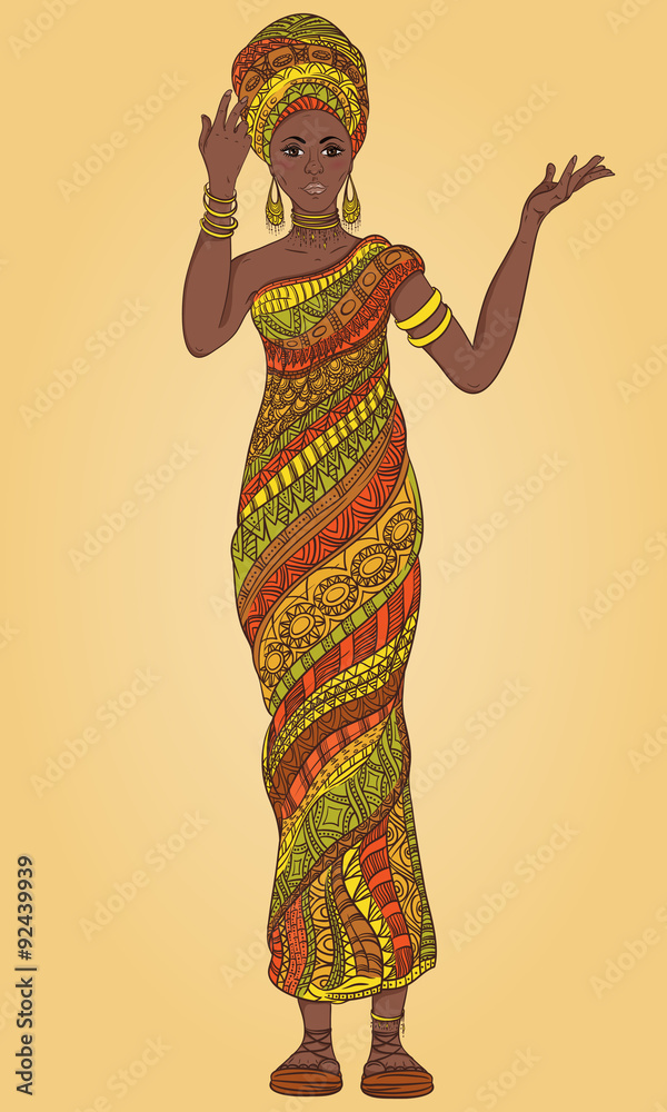 Dancing beautiful African woman in turban and traditional costume with ethnic geometric ornament full length. Hand drawn vector illustration.