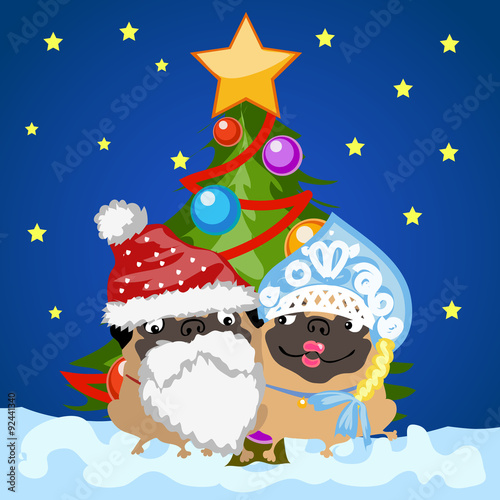 Two dogs - Santa Claus and snow maiden with Christmas tree