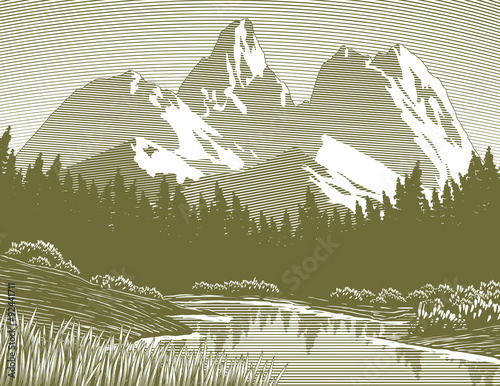 Woodcut-style illustration of a mountain lake scene.