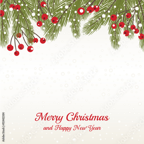 Christmas Background with Fir Twigs and Red Berries