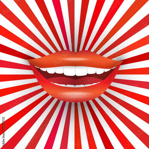 Happy smiling woman's mouth on red sunburst background. Big smile, red lipstick, white teeth