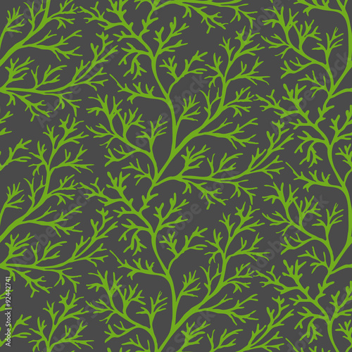 Green dill ornate seamless pattern on dark gray background. Herb organic spice for healthy eating
