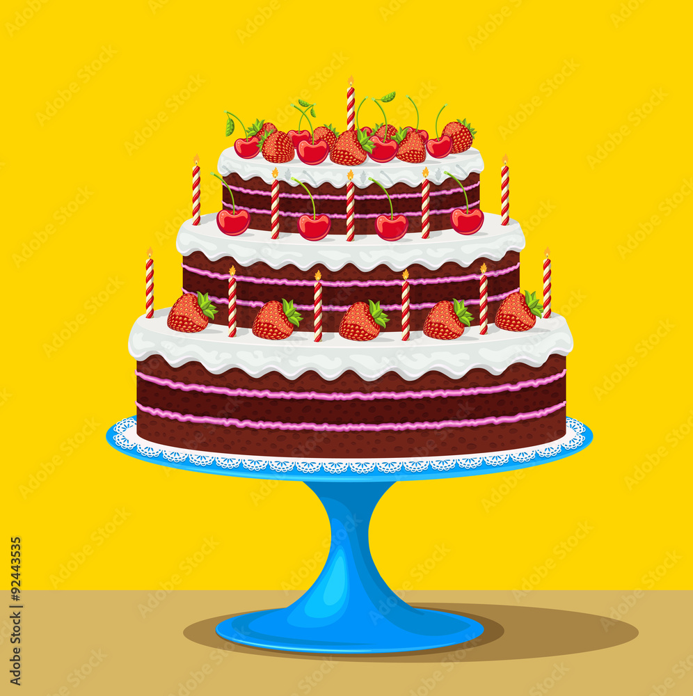 Vector illustration of Birthday cake with strawberries and cherries Vector illustration of Birthday cake with strawberries and cherries