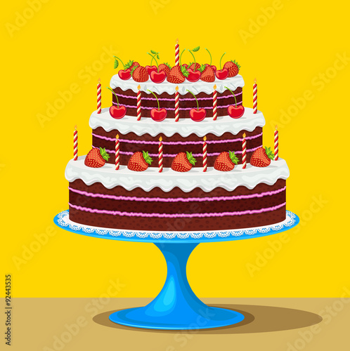 Vector illustration of Birthday cake with strawberries and cherries