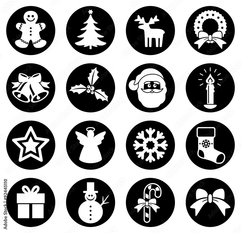 Sammlung: Runde, schwarz-weiße, weihnachtliche Buttons / Flat Design / Vektor / freigestellt 