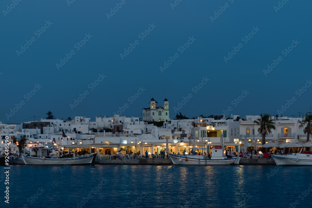 Naoussa view at night, a famous touristic destination in Greek island Paros.