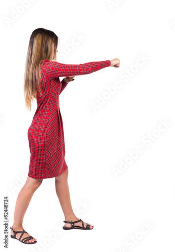 skinny woman funny fights waving his arms and legs.