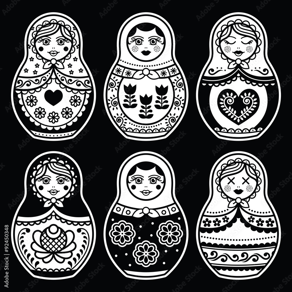 Matryoshka, Russian doll white icons set on black Matryoshka, Russian doll white icons set on black