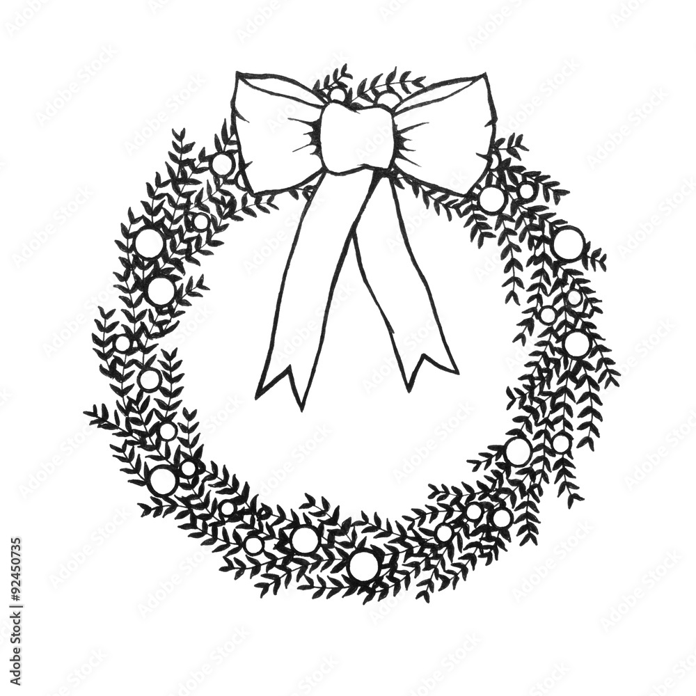 abstract Christmas wreath illustration, hand drawn branches and berries