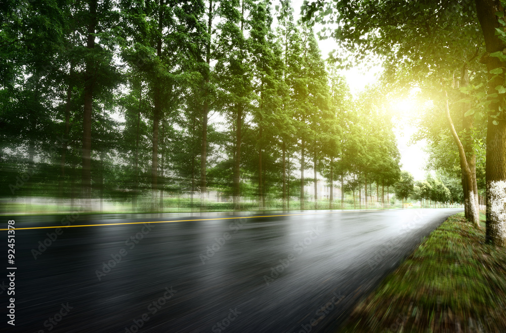 Obraz premium asphalt road with tree lawns under sunshine