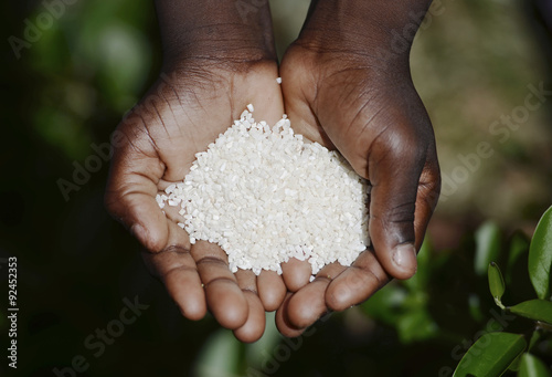 African Malnutrition Symbol - Black Girl Holding White Rice Hunger. Starving Hunger Symbol. Black African girl holding rice as a malnutrition symbol. Stop starvation in the world! photo