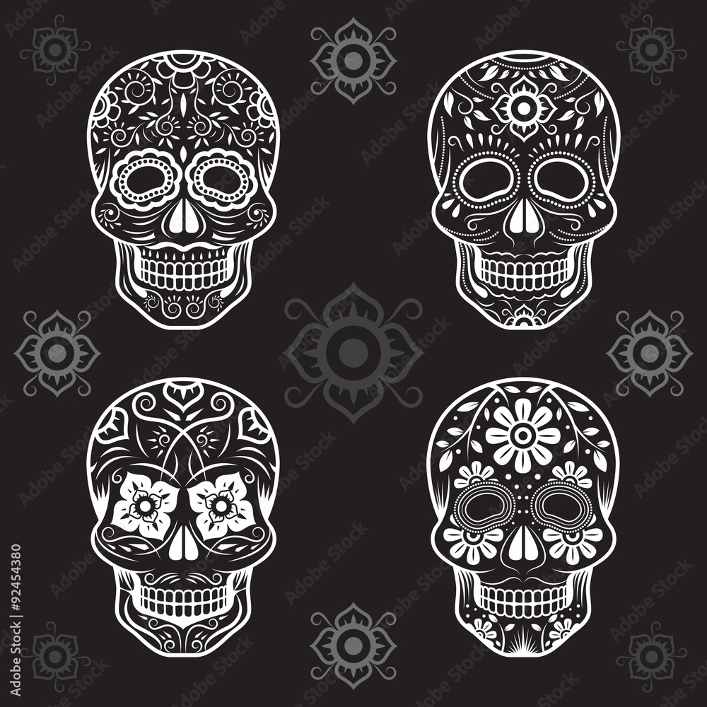 Day of the Dead Skulls, Black and White Set, Black or Dark Background