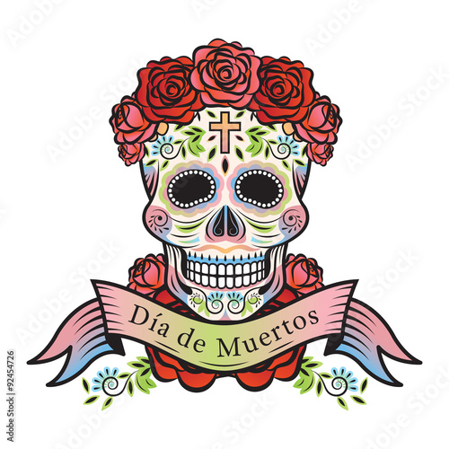 Day of the Dead Skull with Roses and Label, White Background