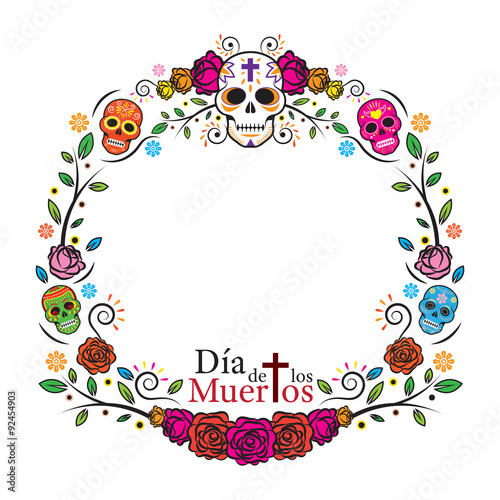 Day of the Dead Skulls Frame  with Roses  Round  Circle Shape