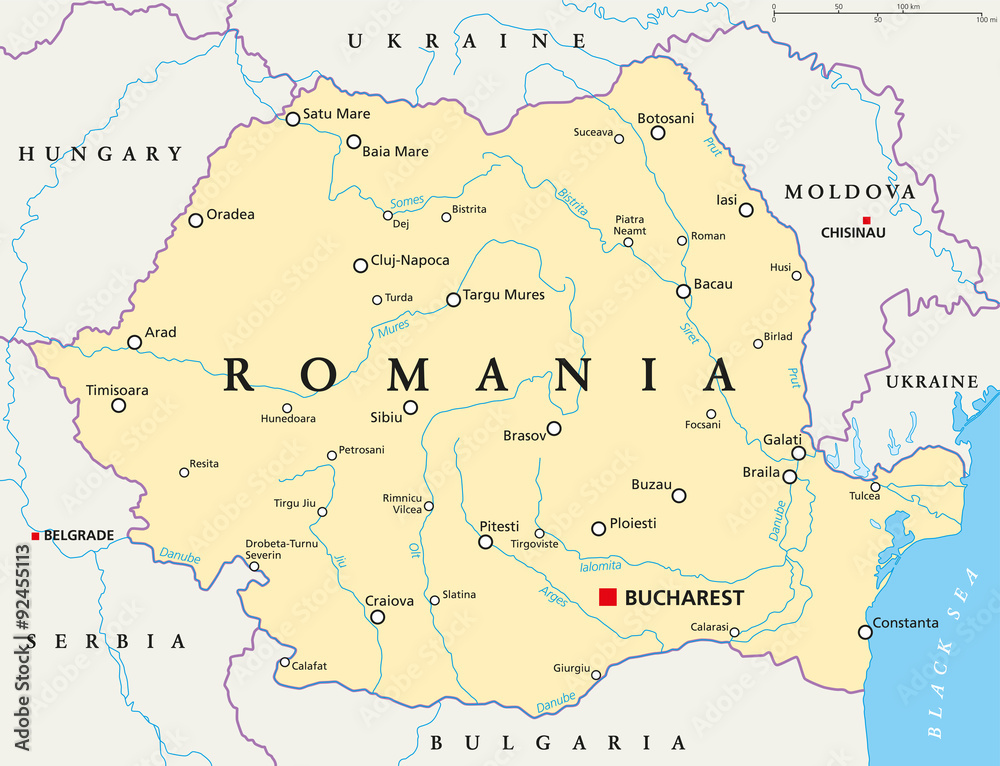 Romania political map with capital Bucharest, national borders, important cities, rivers and lakes. English labeling and scaling. Illustration. - obrazy, fototapety, plakaty 