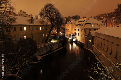 Night snowy Flourmill on Certovka in Prague  Czech Republic